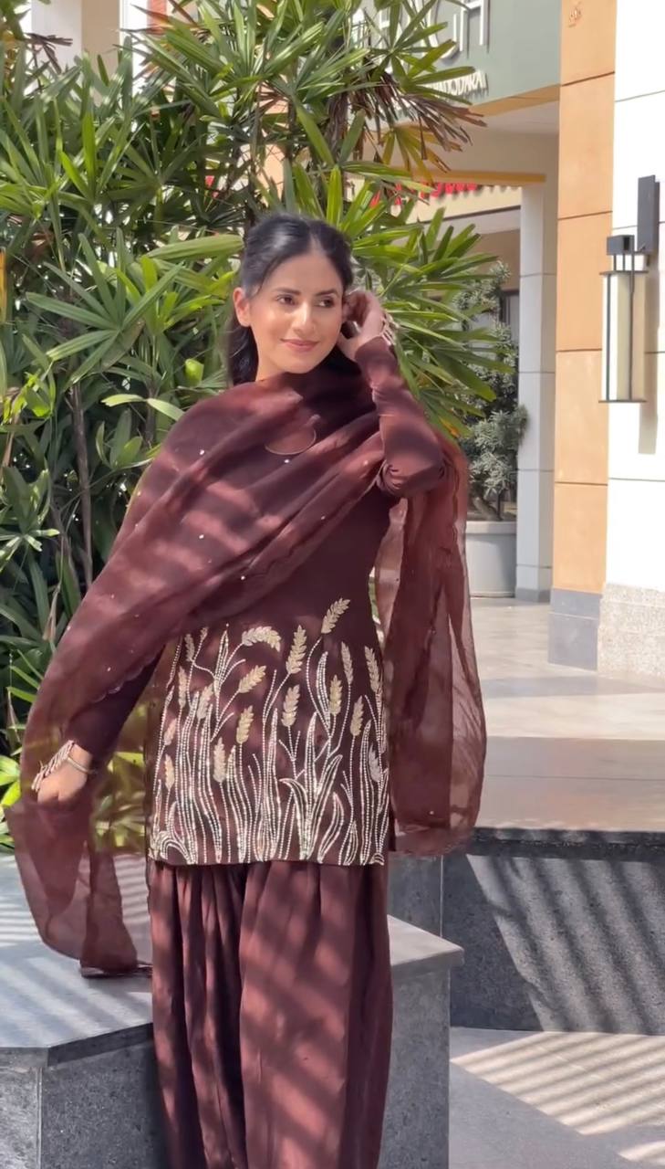 Coffee Bloom Faux Georgette Suit Set with Golden Grain Embroidery
