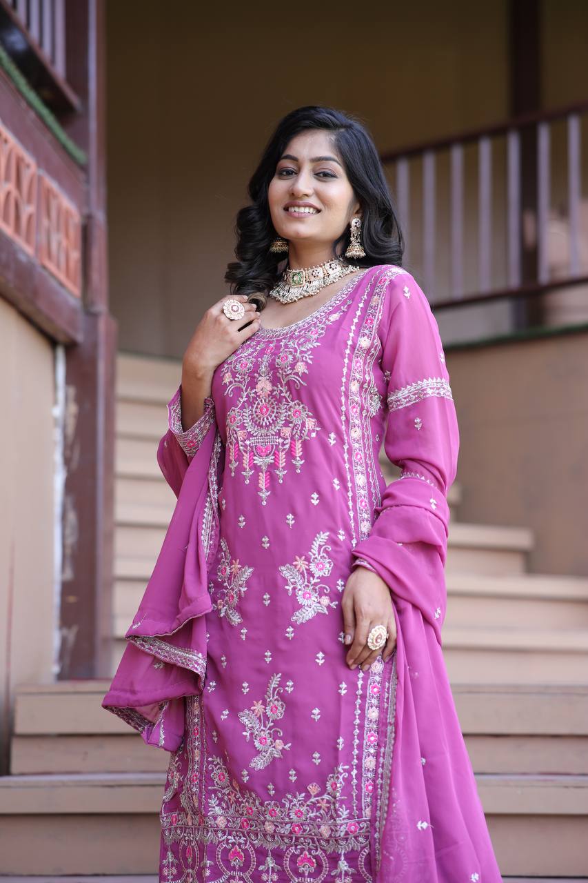 Lavender Love & Crimson Charm Traditional Embroidery Plazzo Set