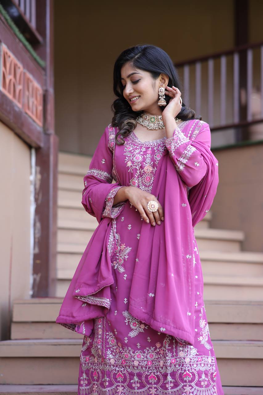 Lavender Love & Crimson Charm Traditional Embroidery Plazzo Set