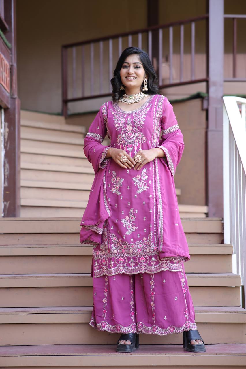 Lavender Love & Crimson Charm Traditional Embroidery Plazzo Set