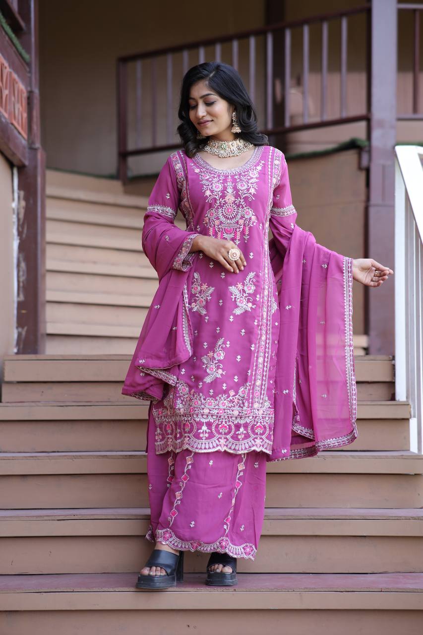 Lavender Love & Crimson Charm Traditional Embroidery Plazzo Set