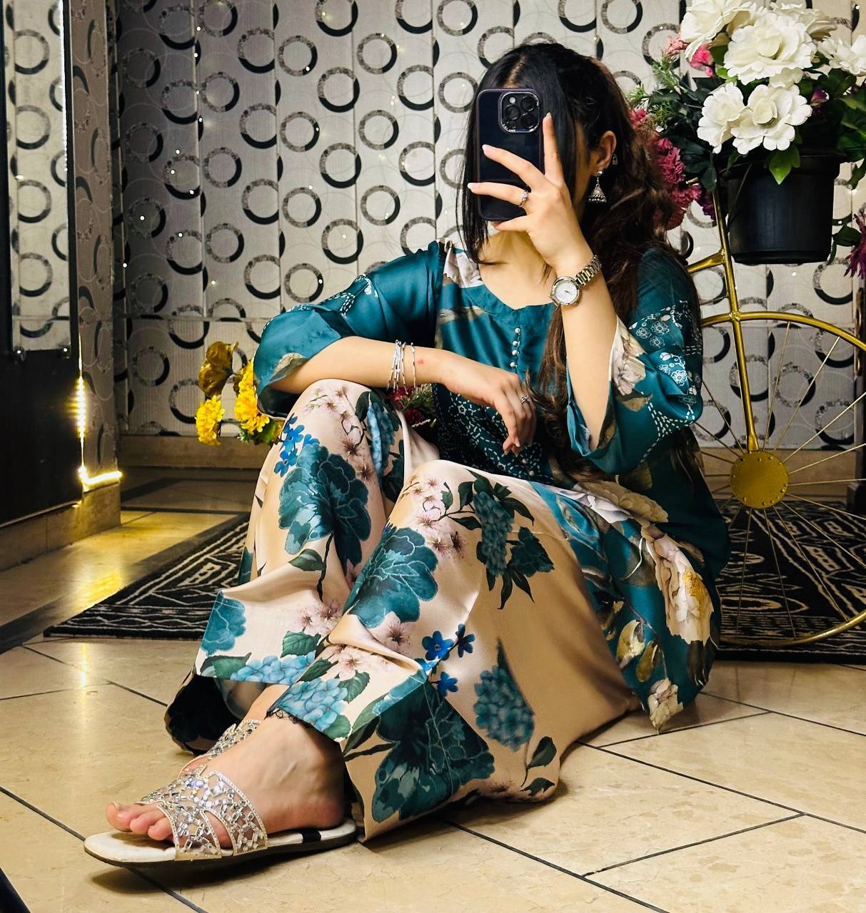 Teal Bloom Luxe Floral Top Farshi Pent Set
