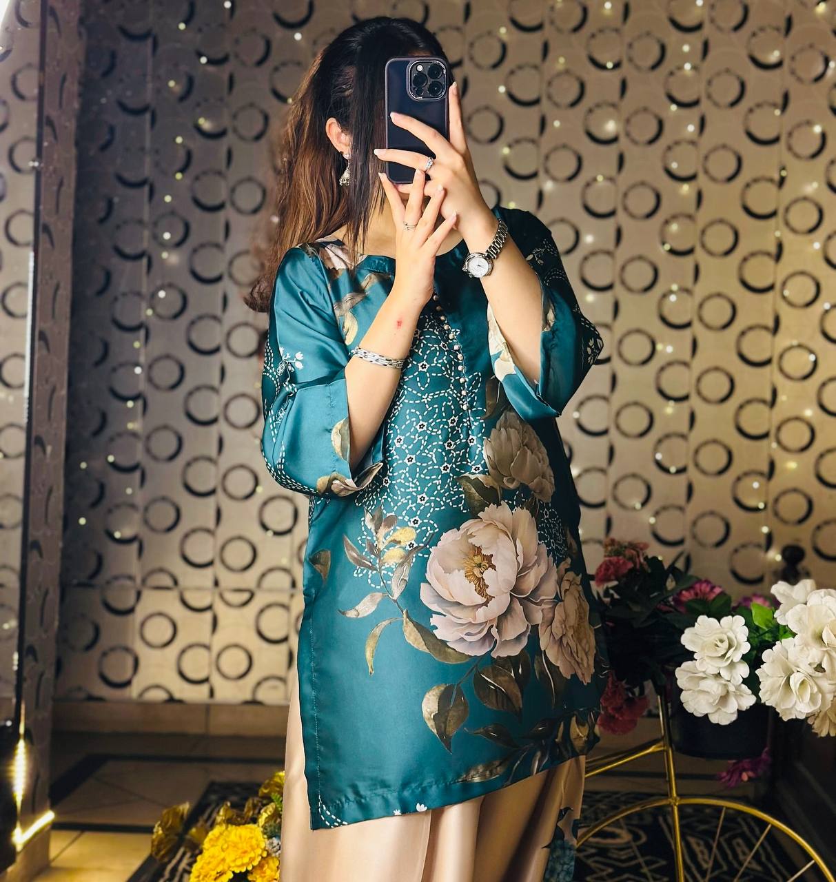 Teal Bloom Luxe Floral Top Farshi Pent Set