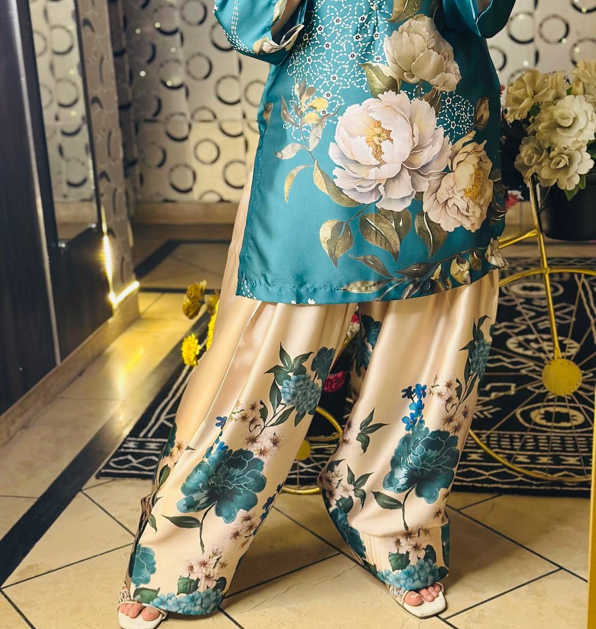 Teal Bloom Luxe Floral Top Farshi Pent Set