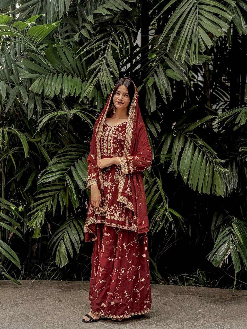 Royal Maroon Embroidered Ensemble Plazzo Suit Set