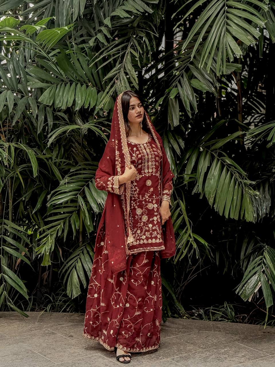 Royal Maroon Embroidered Ensemble Plazzo Suit Set