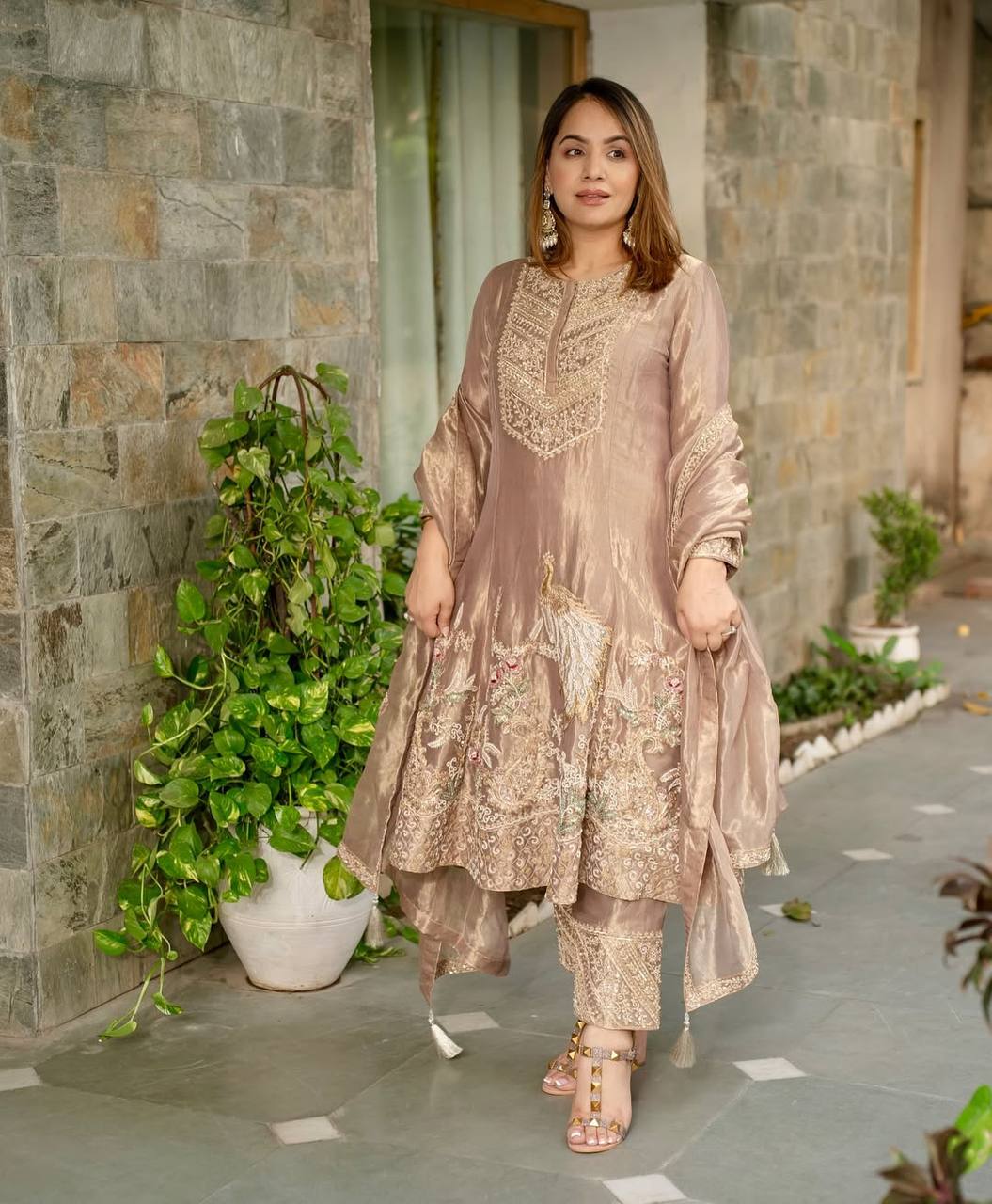 Champagne Gold Hand-Embroidered Peacock Motif Kurta Set