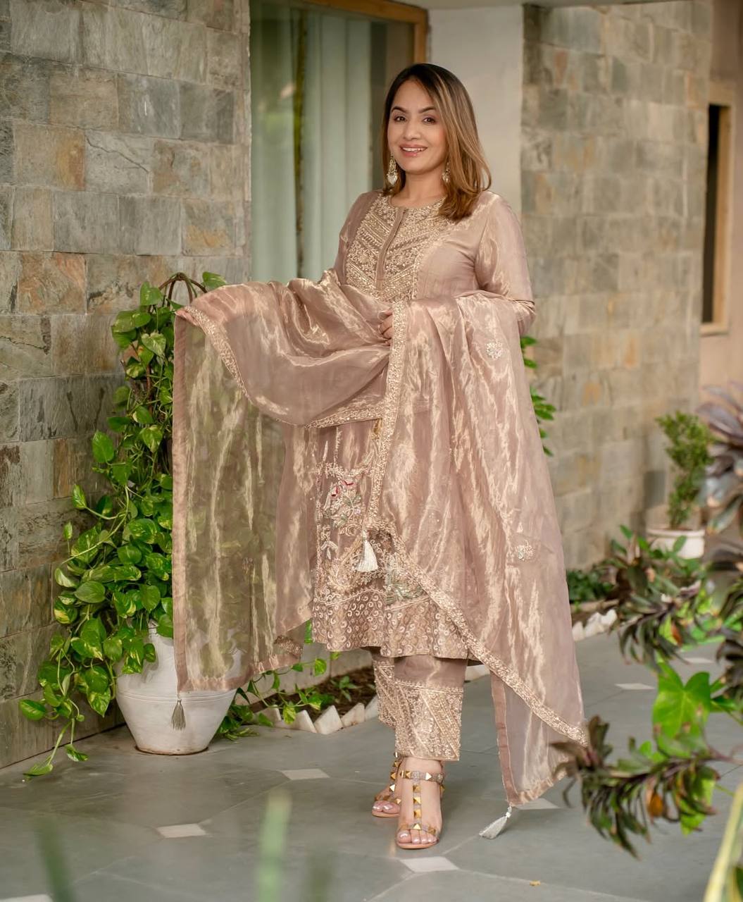 Champagne Gold Hand-Embroidered Peacock Motif Kurta Set
