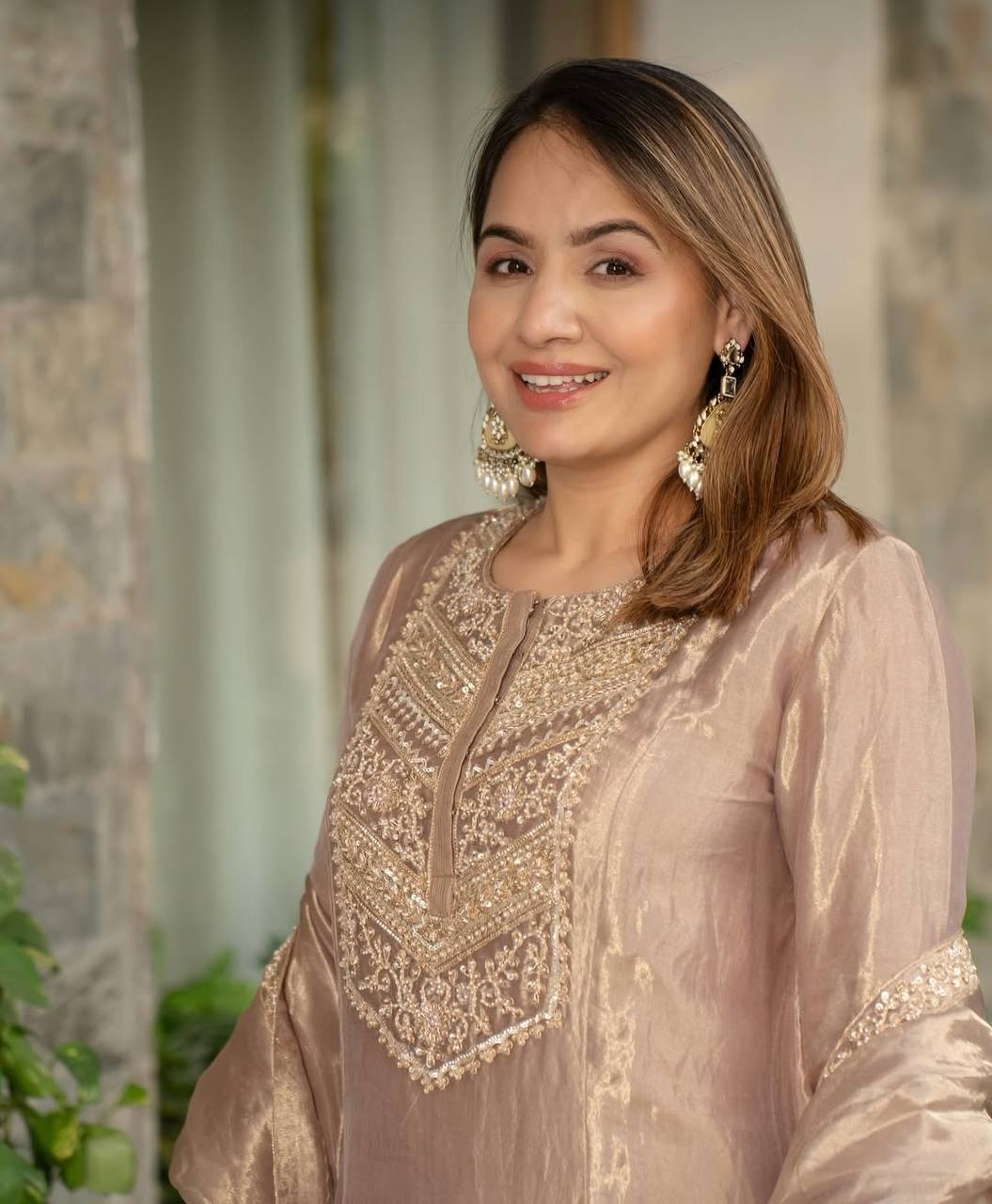 Champagne Gold Hand-Embroidered Peacock Motif Kurta Set