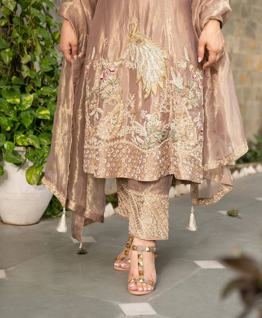Champagne Gold Hand-Embroidered Peacock Motif Kurta Set