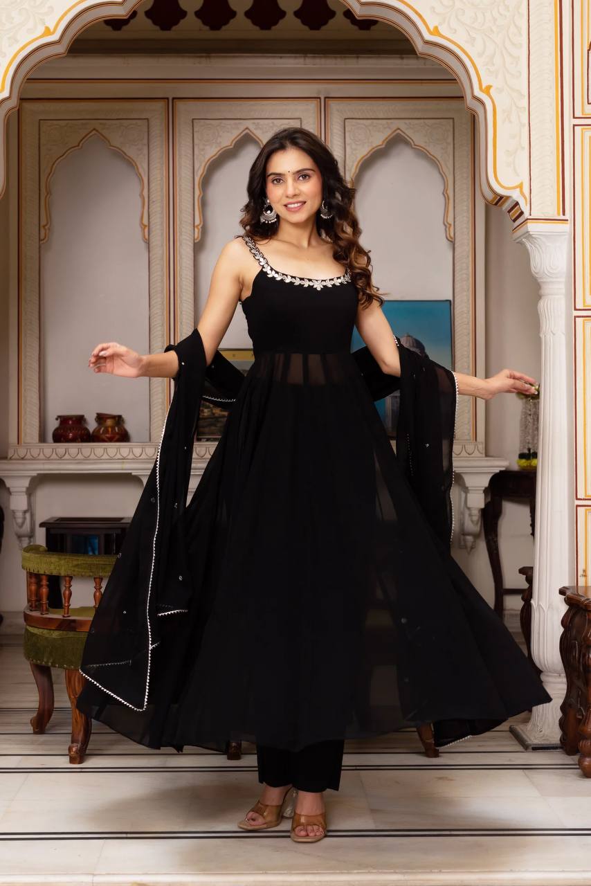 Midnight Elegance Mirror Neckline Black Georgette Anarkali