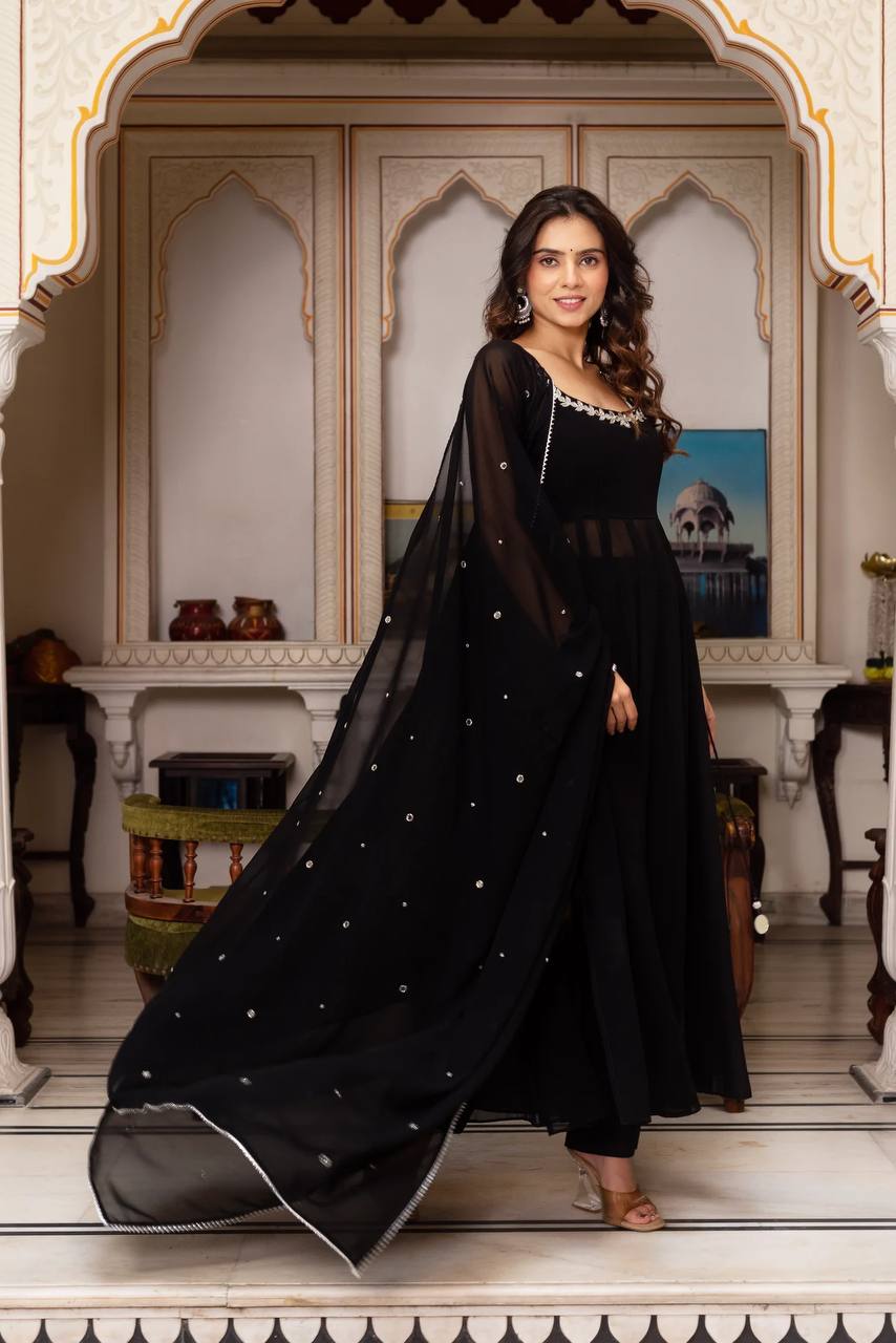 Midnight Elegance Mirror Neckline Black Georgette Anarkali