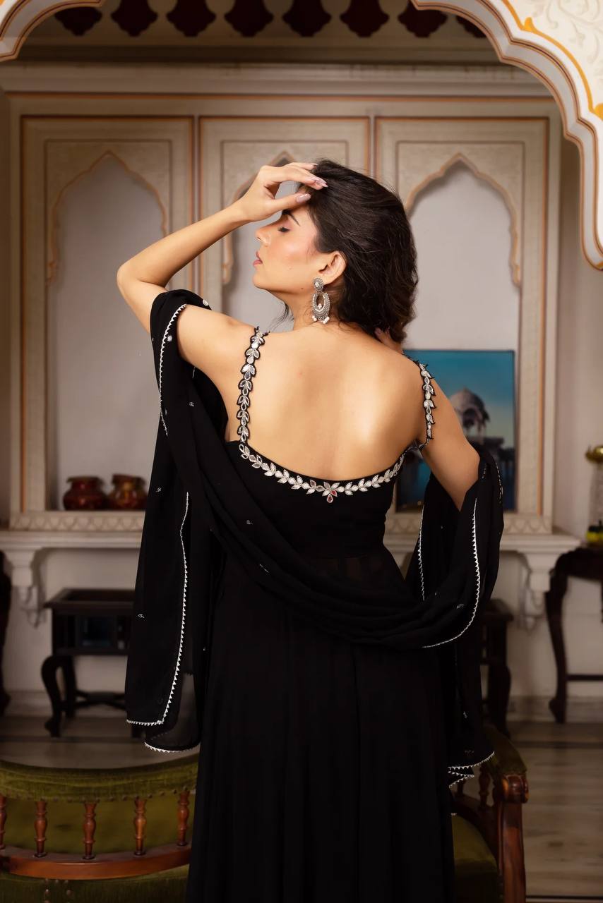 Midnight Elegance Mirror Neckline Black Georgette Anarkali