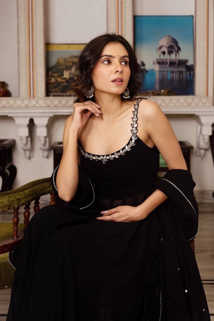 Midnight Elegance Mirror Neckline Black Georgette Anarkali