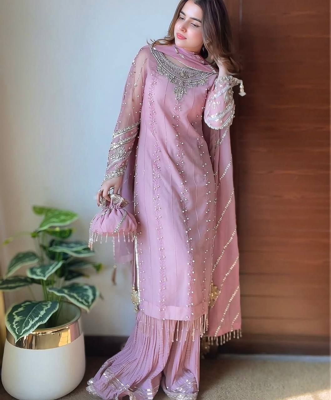 Kayra Designer Faux Georgette Pastel Pink Plazzo Set
