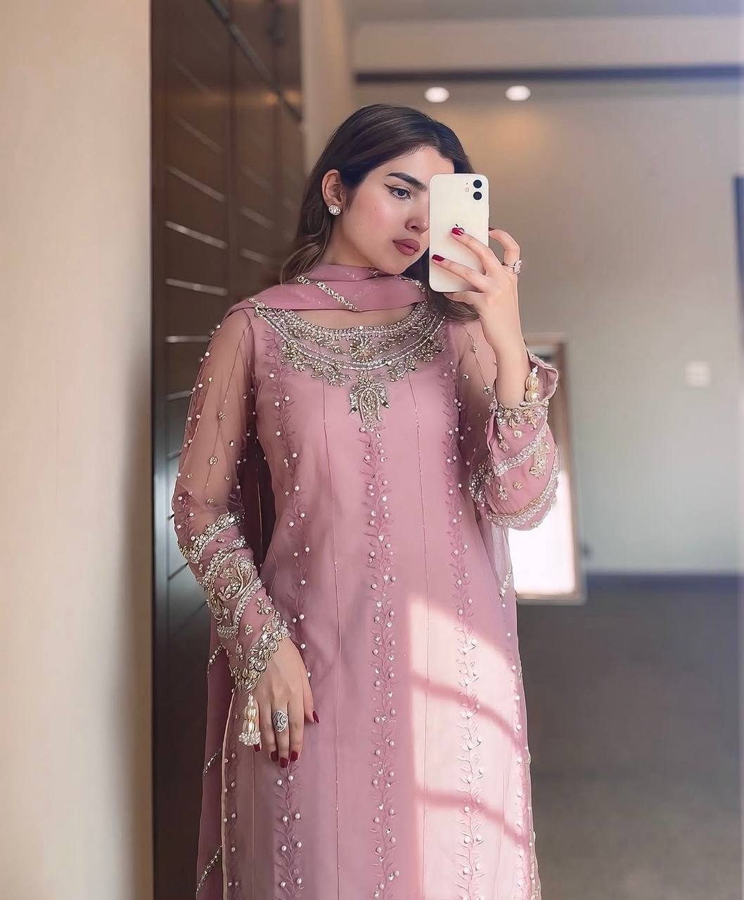 Kayra Designer Faux Georgette Pastel Pink Plazzo Set