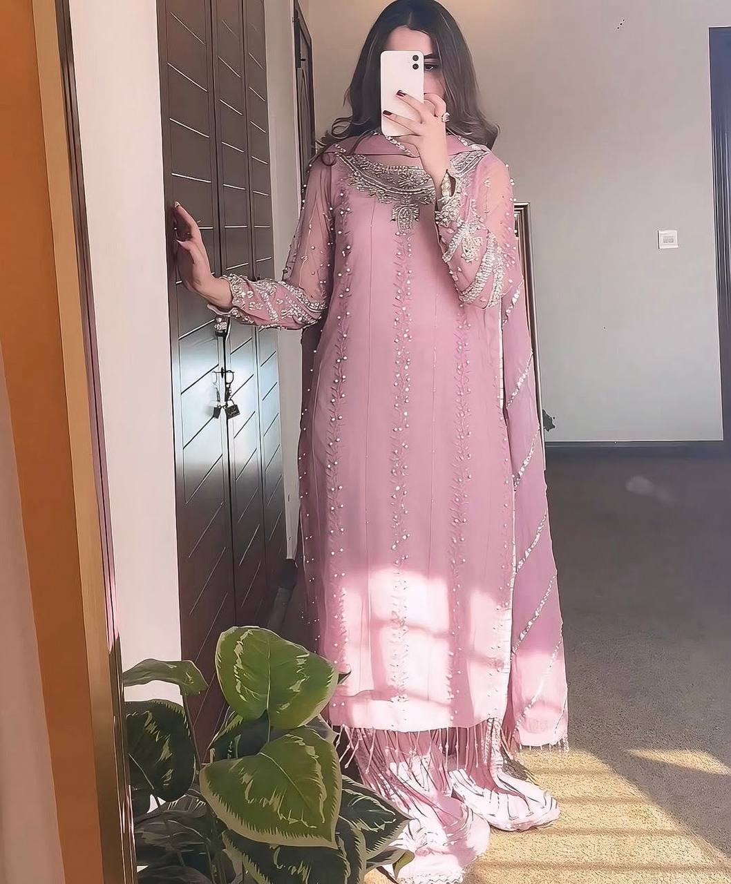 Kayra Designer Faux Georgette Pastel Pink Plazzo Set