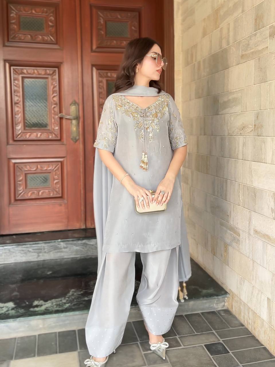 Pearl Mist Elegance Natural Crepe Designer Farshi Palazzo Set