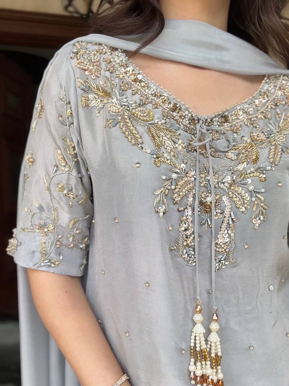 Pearl Mist Elegance Natural Crepe Designer Farshi Palazzo Set