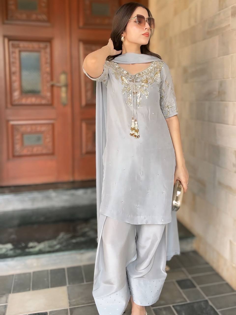 Pearl Mist Elegance Natural Crepe Designer Farshi Palazzo Set