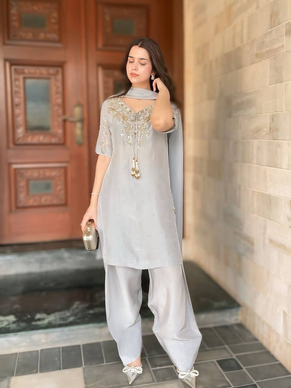 Pearl Mist Elegance Natural Crepe Designer Farshi Palazzo Set
