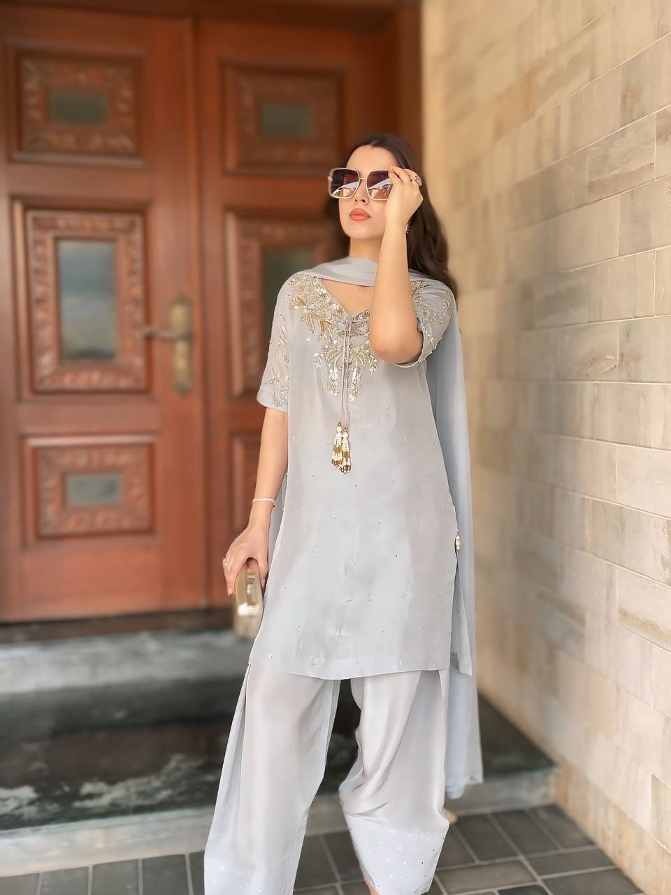 Pearl Mist Elegance Natural Crepe Designer Farshi Palazzo Set