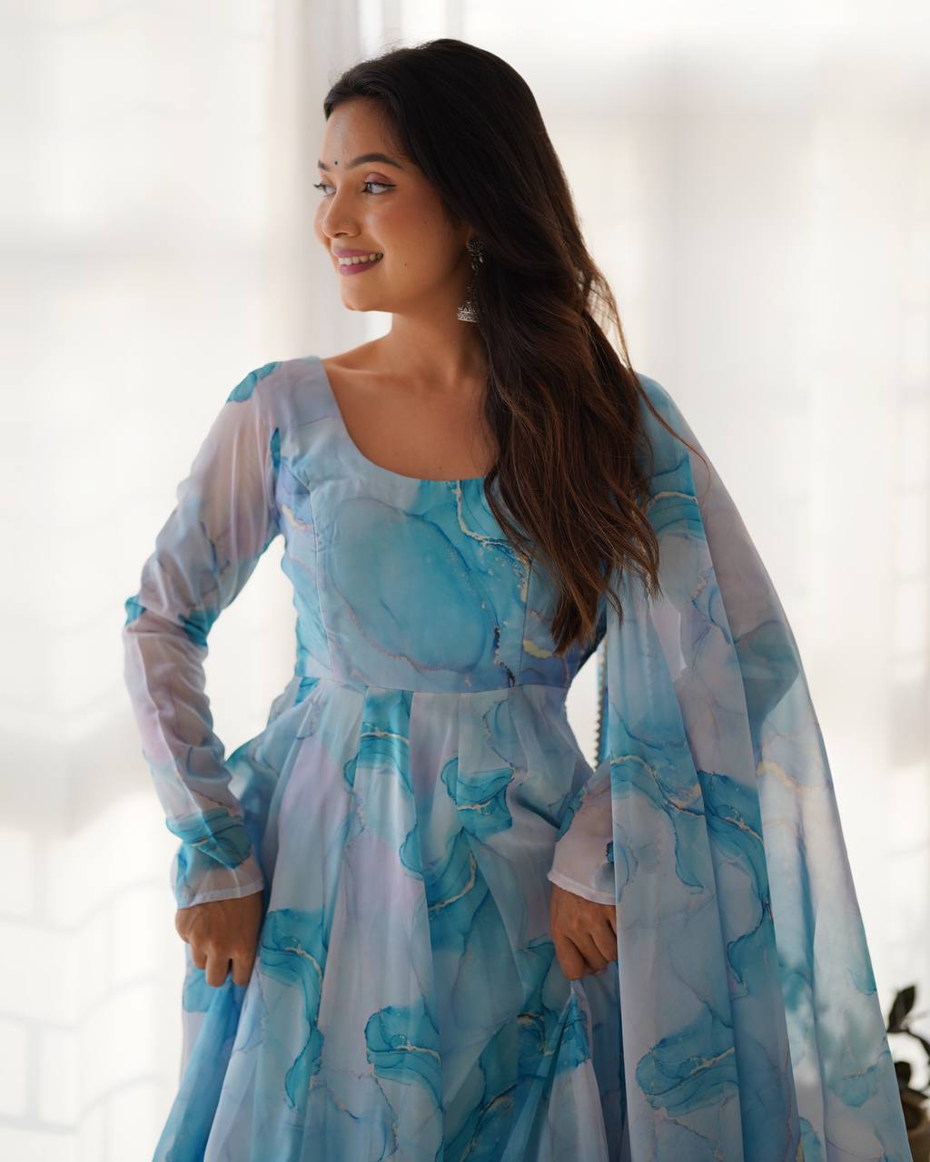 Ocean Mist Marble Print Serenity Anarkali Suit