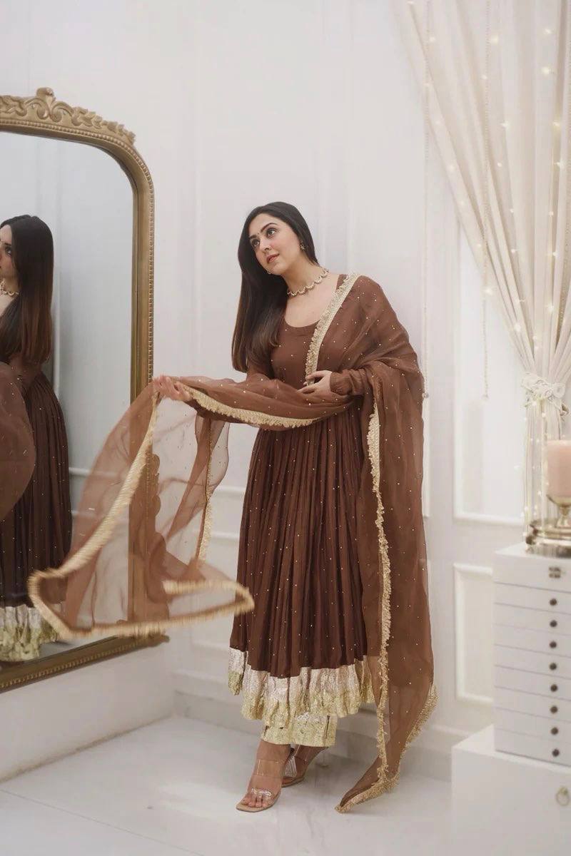 Royal Coffee Brown Moti Work Ready to Wear Gown Set