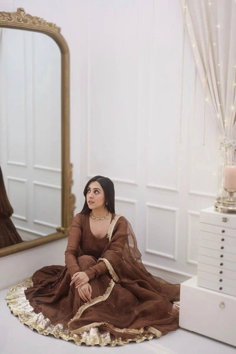 Royal Coffee Brown Moti Work Ready to Wear Gown Set