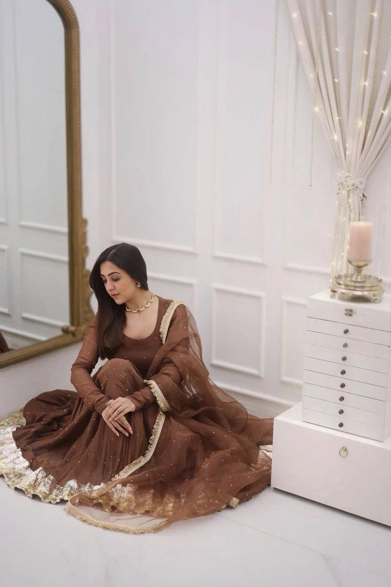 Royal Coffee Brown Moti Work Ready to Wear Gown Set