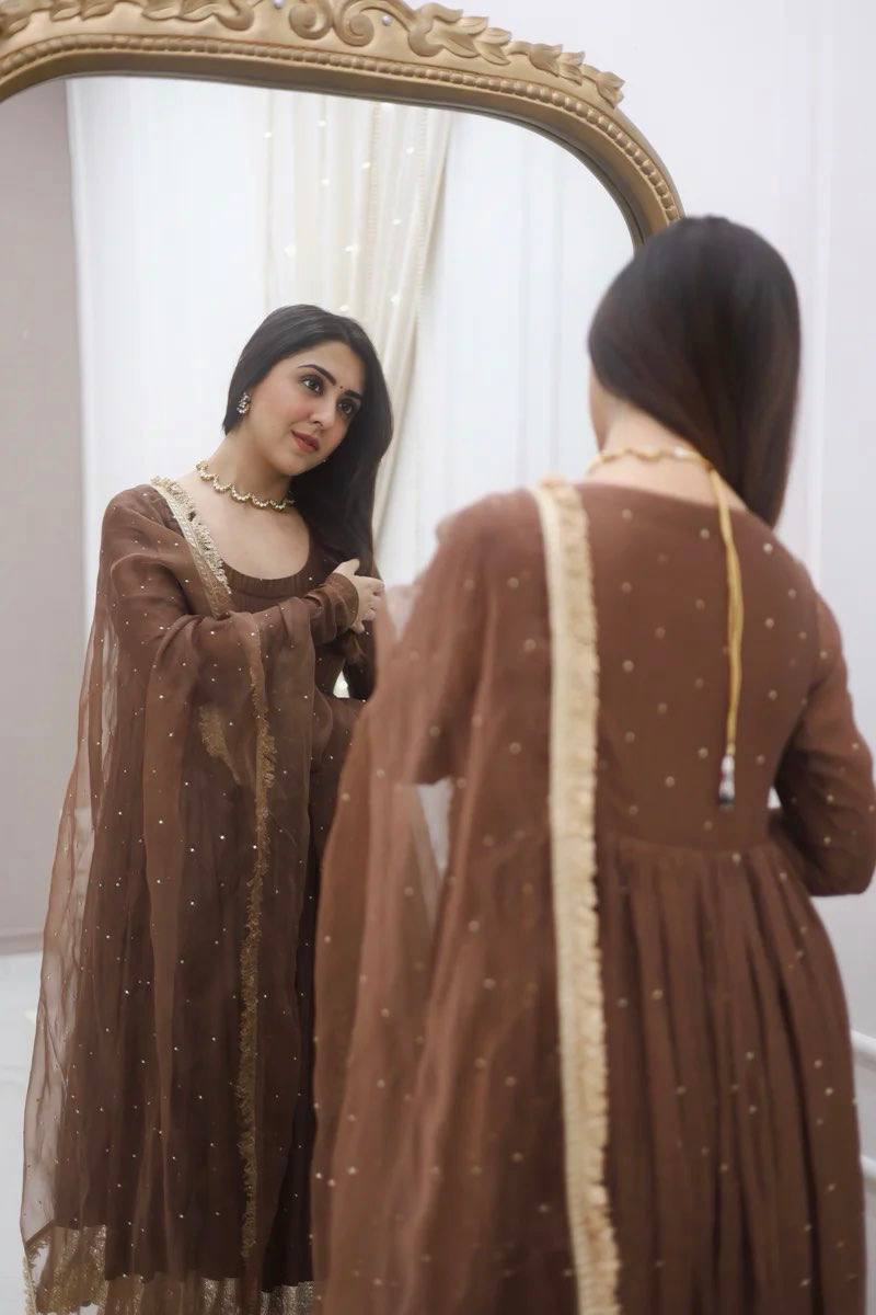 Royal Coffee Brown Moti Work Ready to Wear Gown Set