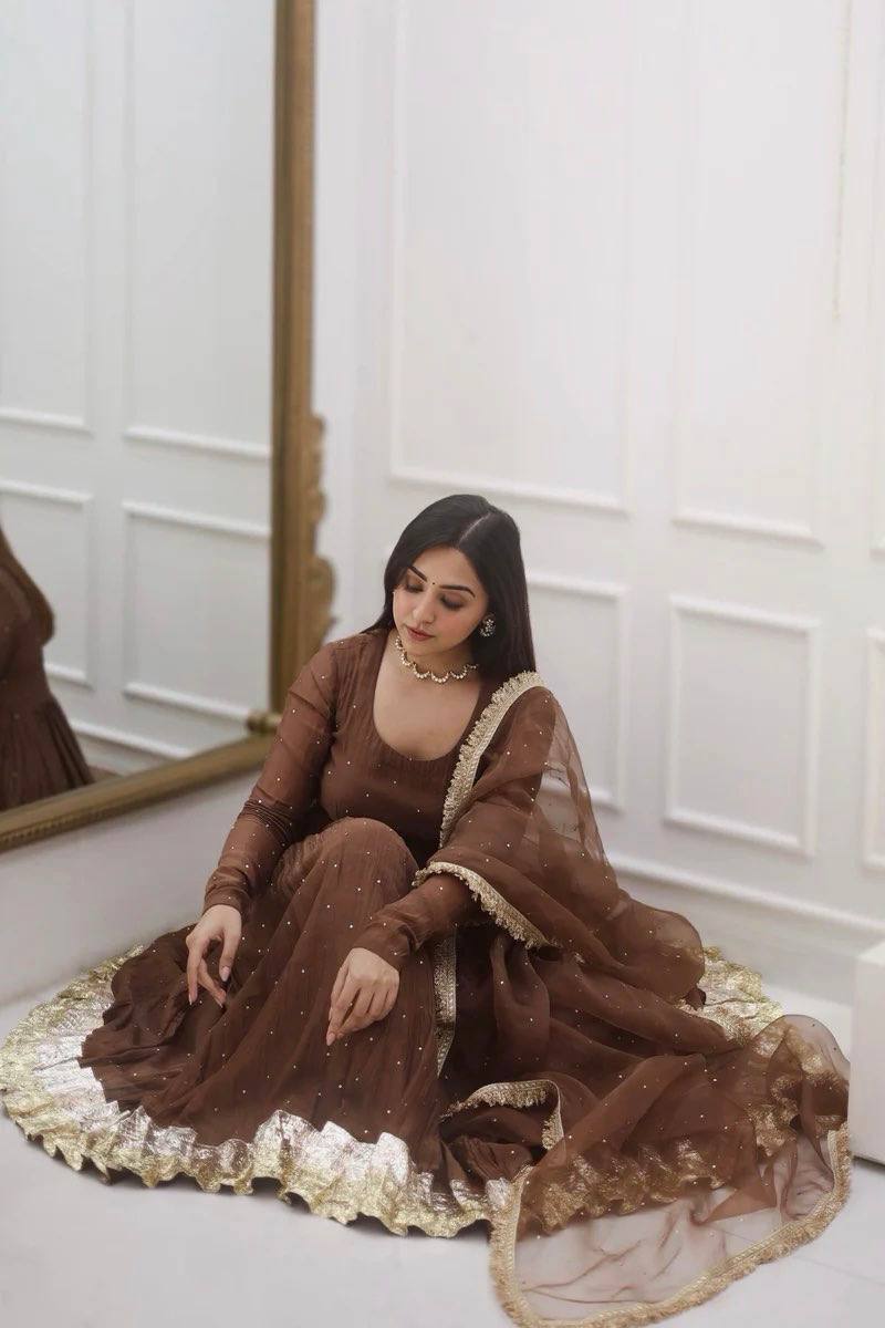 Royal Coffee Brown Moti Work Ready to Wear Gown Set