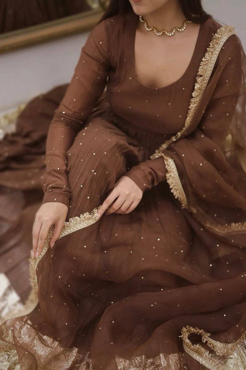 Royal Coffee Brown Moti Work Ready to Wear Gown Set