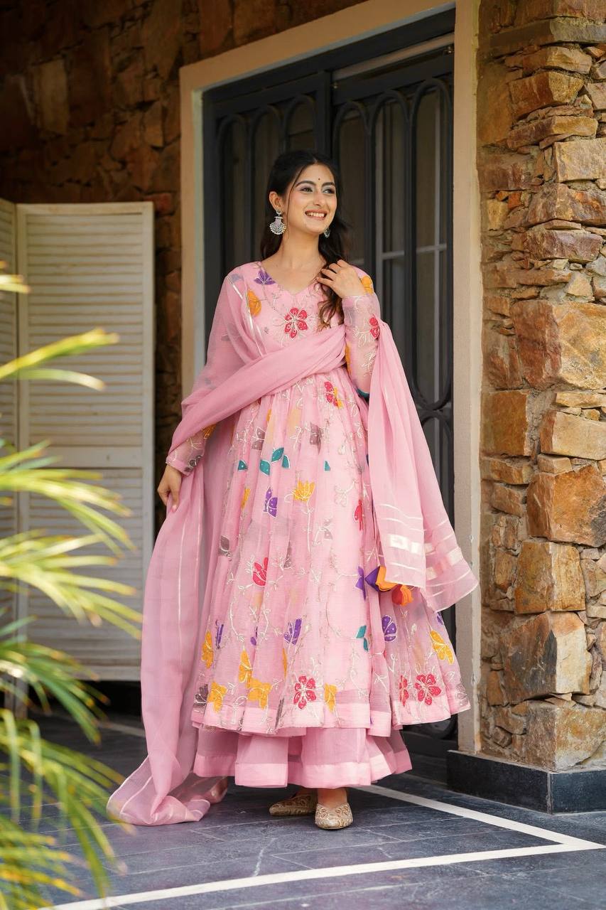 Rosy Bloom Charm Designer Party Wear Sharara Gown