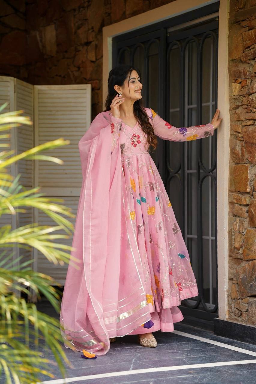 Rosy Bloom Charm Designer Party Wear Sharara Gown