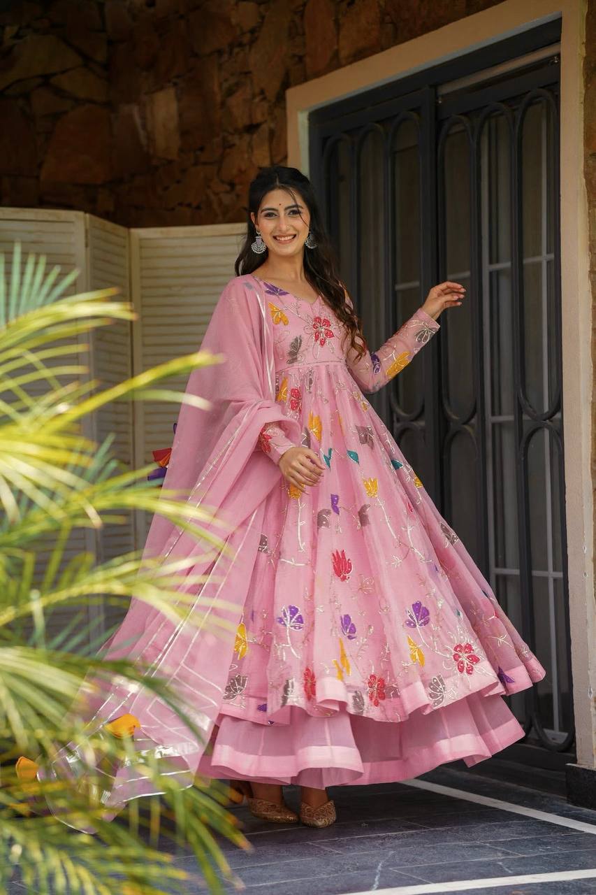 Rosy Bloom Charm Designer Party Wear Sharara Gown