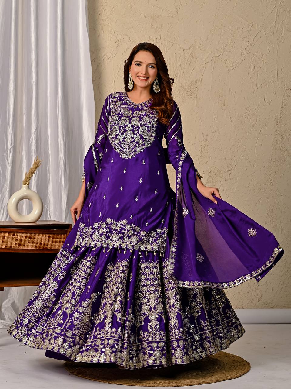 Regal Violet Royal Embroidered Sharara Suit Set