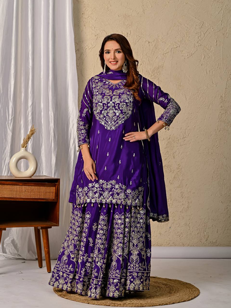 Regal Violet Royal Embroidered Sharara Suit Set