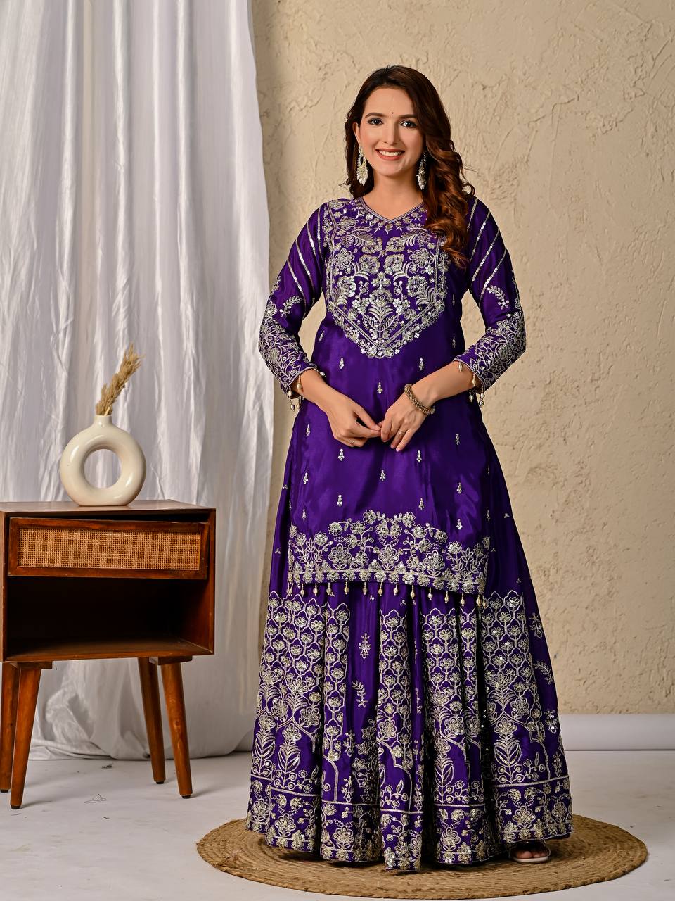 Regal Violet Royal Embroidered Sharara Suit Set