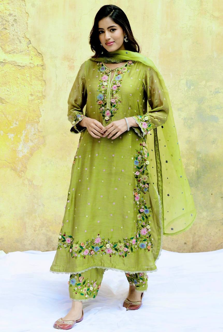 Meadow Bloom Olive Green Embroidered Kurta Set