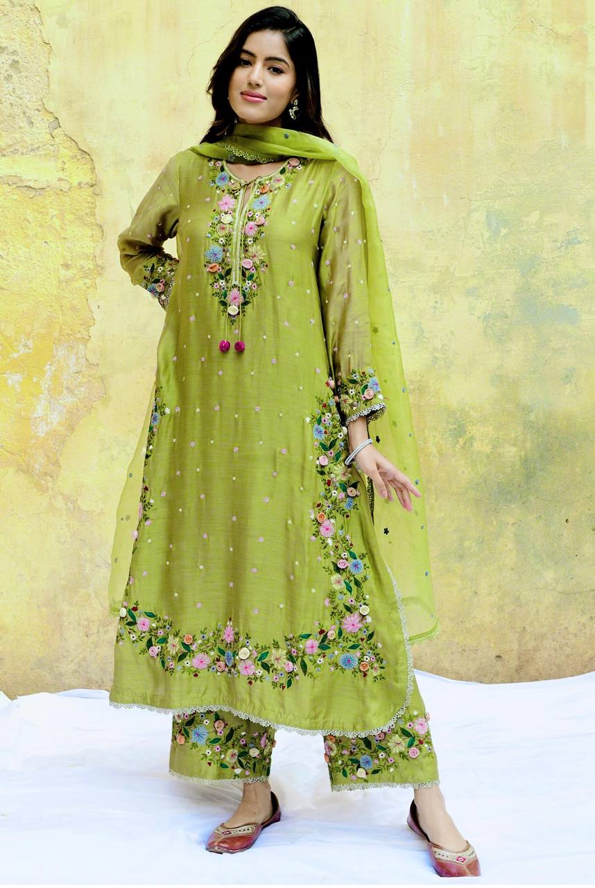 Meadow Bloom Olive Green Embroidered Kurta Set