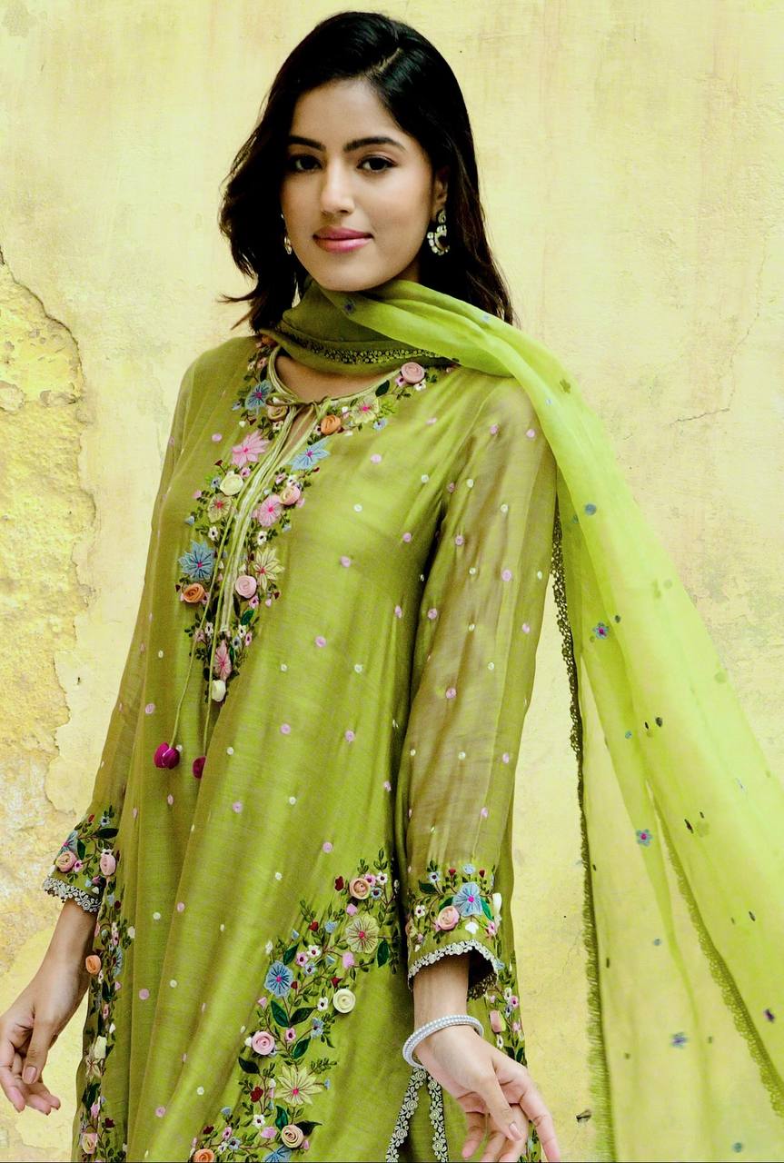 Meadow Bloom Olive Green Embroidered Kurta Set
