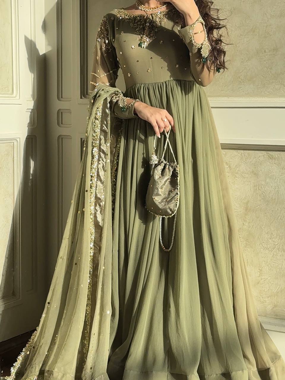 Zari Sparkle Olive Ensemble Designer Gown