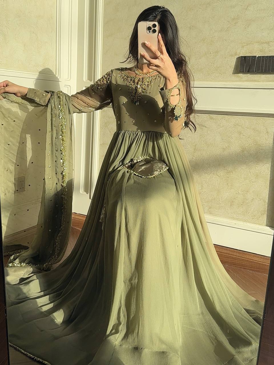Zari Sparkle Olive Ensemble Designer Gown