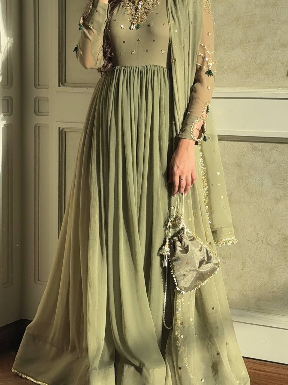 Zari Sparkle Olive Ensemble Designer Gown