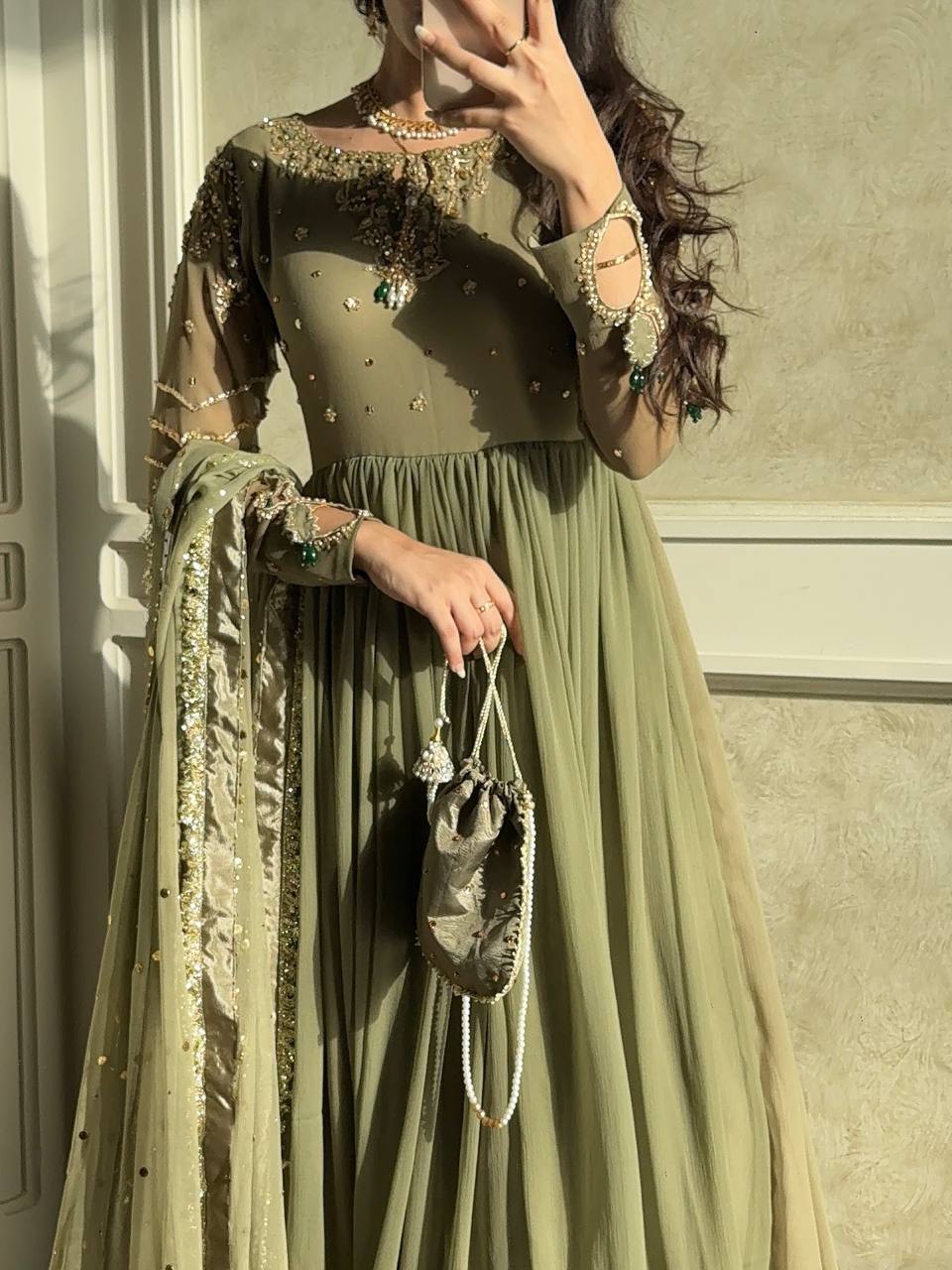 Zari Sparkle Olive Ensemble Designer Gown