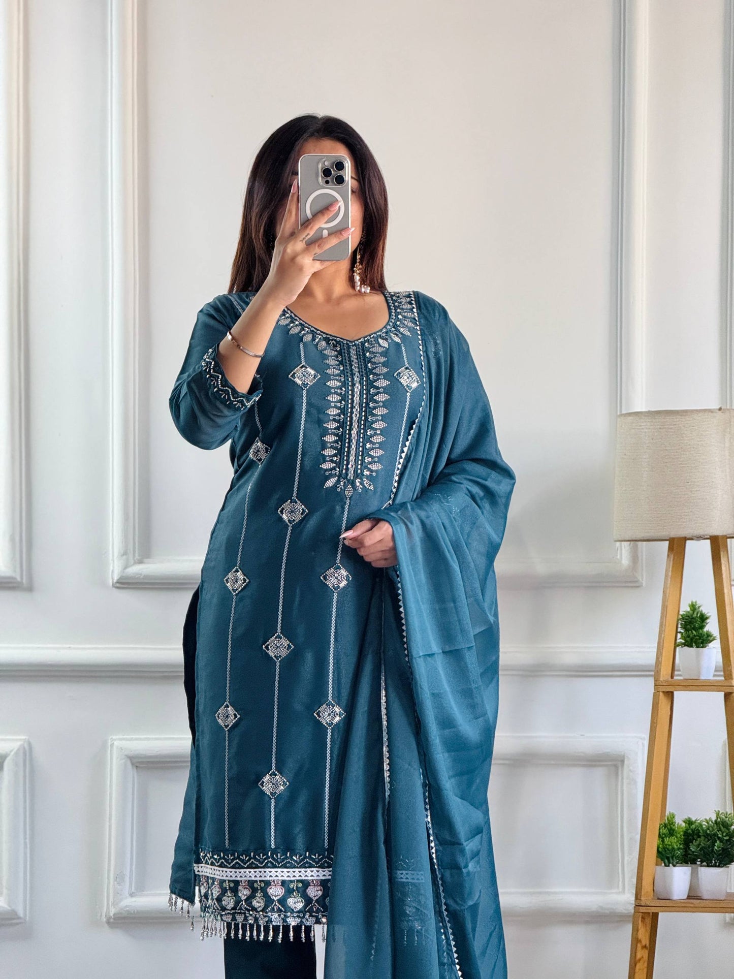 Teal Twilight Charm Embroidered Suit Set