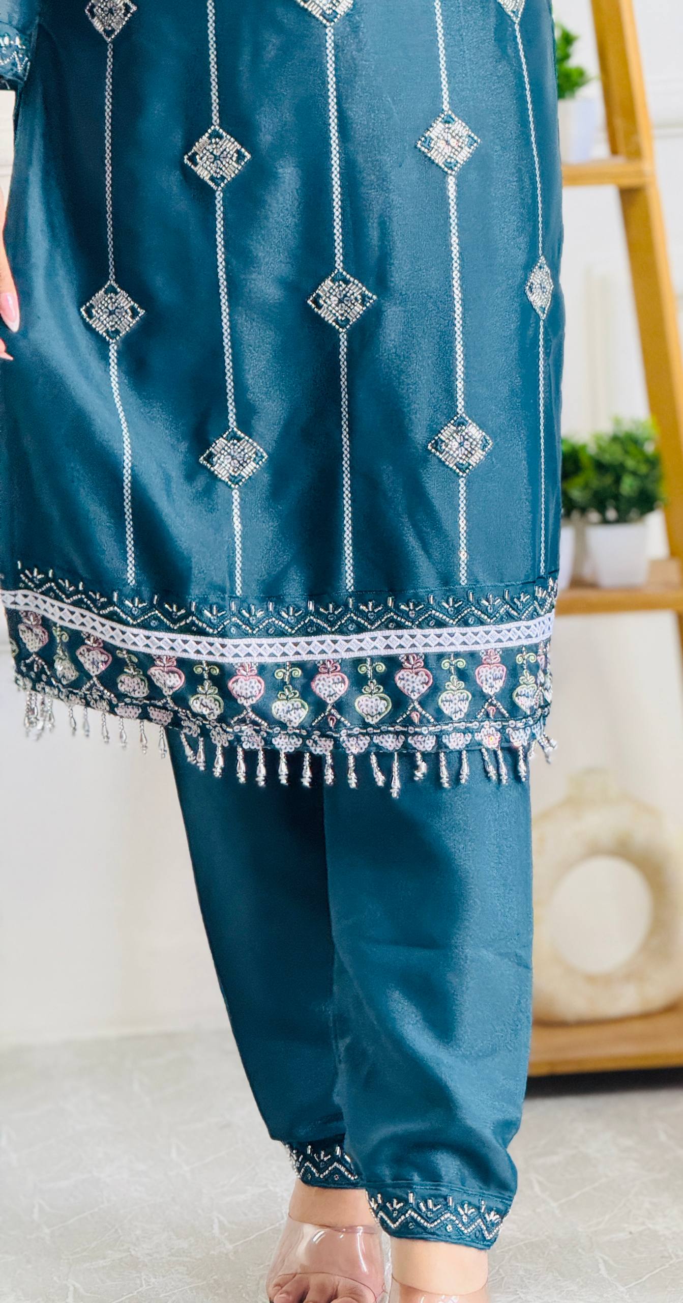 Teal Twilight Charm Embroidered Suit Set