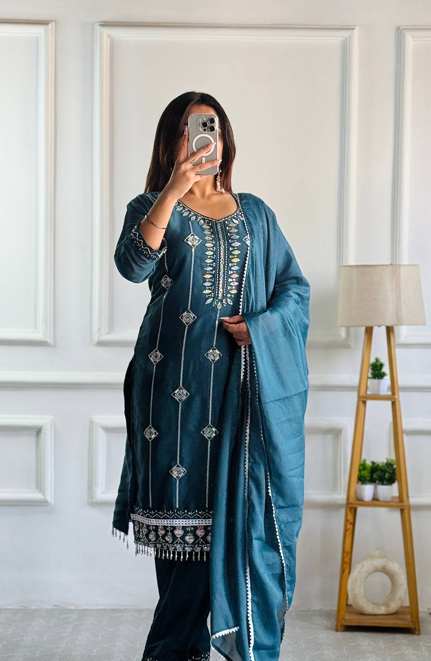 Teal Twilight Charm Embroidered Suit Set