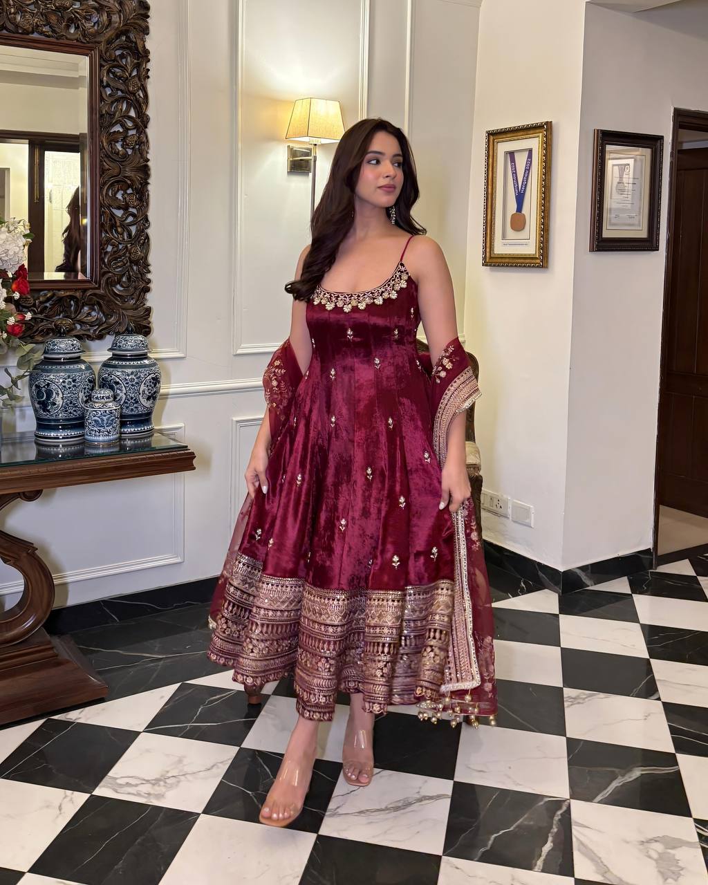 Opulent Maroon Ensemble Anarkali With Dori Latkan